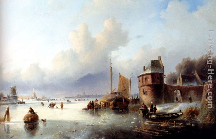 A Winter Landscape With Numerous Skaters On A Frozen Waterway, Dordrecht In The Distance painting - Jan Jacob Coenraad Spohler A Winter Landscape With Numerous Skaters On A Frozen Waterway, Dordrecht In The Distance art painting